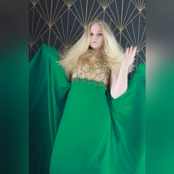 vintage 60's Dresses & Skirts - Green and Gold Vintage 1960's Formal Gown